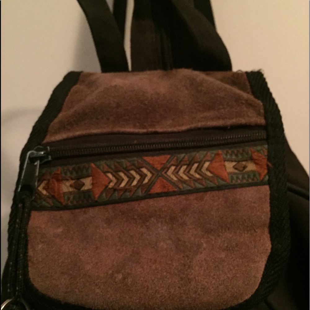 Backpack purse black and brown suede brown pocket